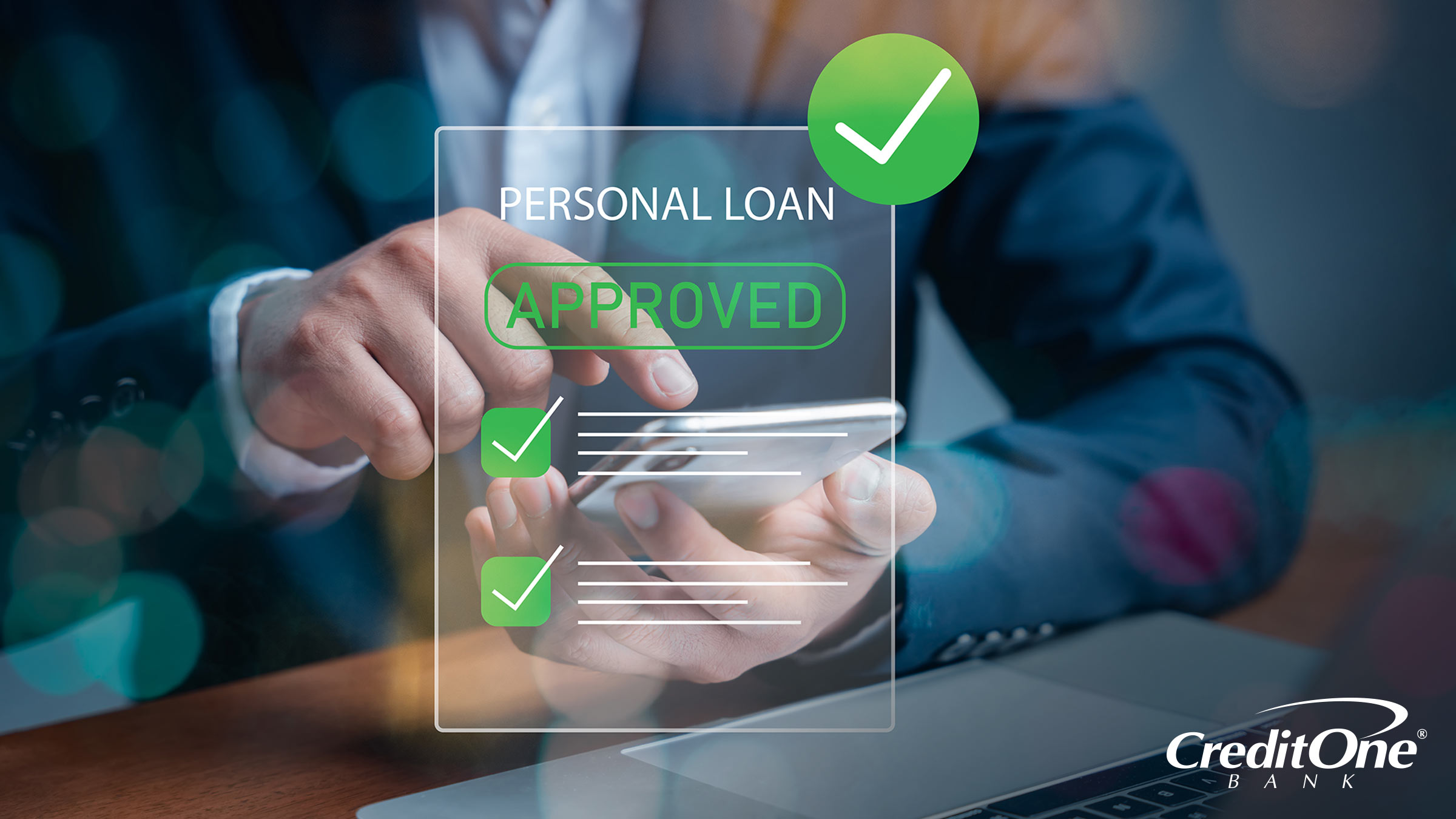A screen view showing approval for a personal loan is displayed over a man’s hands as he uses his smartphone to apply.