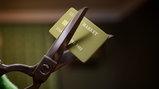 A large pair of scissors held by Cancelina the Credit Wrecker cuts up one of her credit cards because she doesn’t understand how closing a credit card can hurt her score.