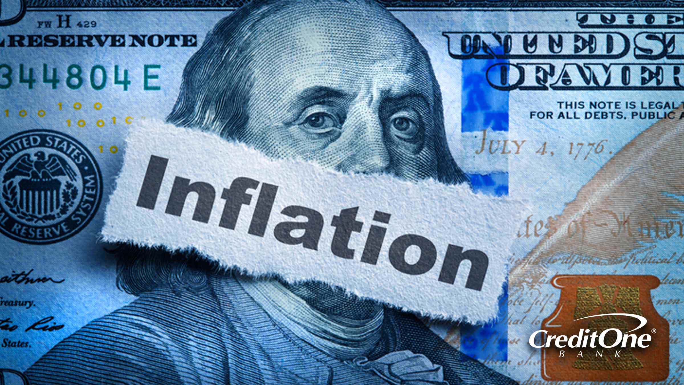A piece of ripped paper labeled “Inflation” covers Benjamin Franklin’s mouth on the $100 bill, representing how we don’t have a say in inflation’s impact on finances.